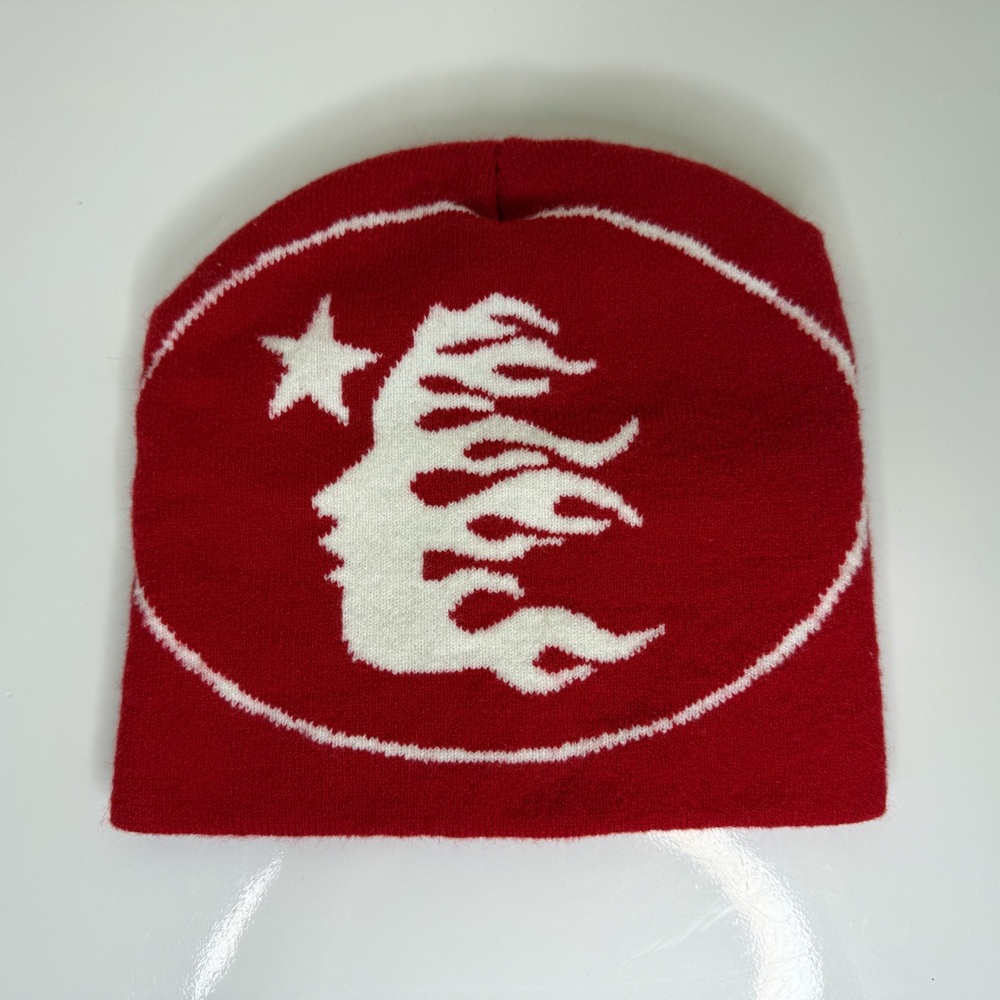Red Knit Beanie with White Flame Face and Star Graphic